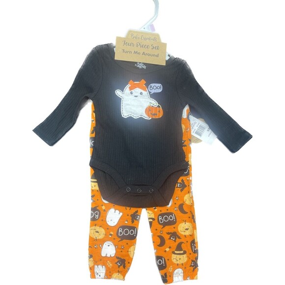 Baby Essentials 4 Piece Pumpkin Ghost Halloween Outfit Socks & Hair Bow Size 9M - Picture 1 of 4